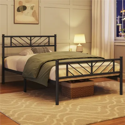 Produktbild von Yaheetech Einzelbett Metall 90x200 cm Schwarz, minimalistisch, mit Kopfteil, Lattenrost und 32 cm Stauraum unterm Bett, stabil mit rutschfesten Füßen