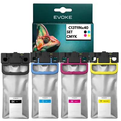 Immagine prodotto di Inchiostri compatibili Evoke per stampanti Epson T11N1, T11N2, T11N3, T11N4 XL, confezione da 4 colori CMYK: nero, ciano, magenta, giallo, capacità 386 ml, compatibili con i modelli WorkForce Pro EM-C800R, EM-C800RDWF, EP-C800R, EP-C800RDW, Immagine generata dall'IA