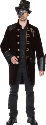 Mann im braunen Steampunk-Mantel mit Zylinder von Vorne.