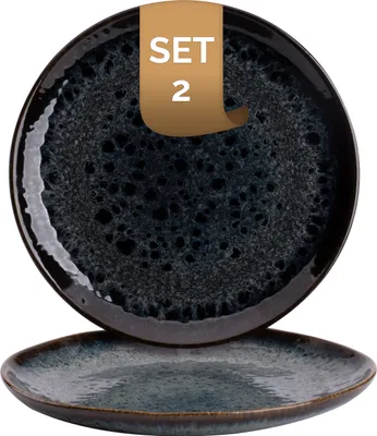 Produktbild von Palmer Eccentric flache Teller - 2er-Set, Steingut, Ø  22 cm, dunkelblau glänzend mit braunem Rand, organische Form, für FrühStück, Brotzeit oder als Kuchenteller, stapelbar, spülmaschinenfest