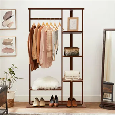 Image de WISFOR Porte-manteau Porte-manteau avec 5 étagères en bambou, vestiaire d'entrée pour chambre à coucher, salon, magasin, 101x41x171cm