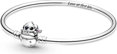 A silver Pandora bracelet with a Stitch charm and engraved text.