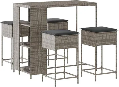 Produktbild von 5-TLG. Gartenbar-Set, Stehtisch mit 4 Barhockern, Poly Rattan Sitzgruppe für Terrasse und Garten, moderner Stehtisch-Set aus Stahlrahmen, 120 x 60 x 110 cm, Grau