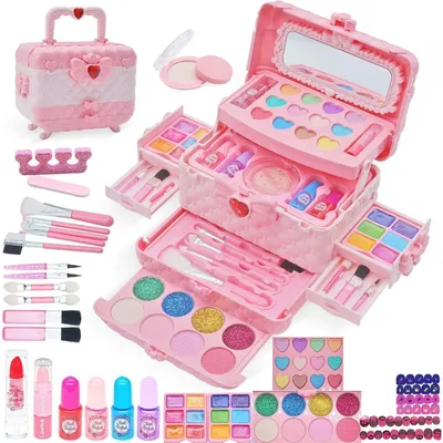 Immagine prodotto di Set di trucchi per bambine, valigetta da trucco con 57 pezzi, lavabile, rosa, ideale per bambine dai 4 ai 12 anni, tema principesse