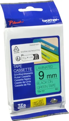 Produktbild von Brother Schriftband 9mm, Schwarz auf grün, TZe, Grau, Wärmeübertragung, Philippinen, 5 Jahr(e)