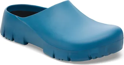 A single blue clog shoe is shown from a side angle against a white background.
