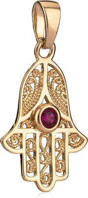 Produktbild von Hand der Fatima Zirkonia rot Kettenanhänger Vergoldet 18 Karat Eye of Fatima