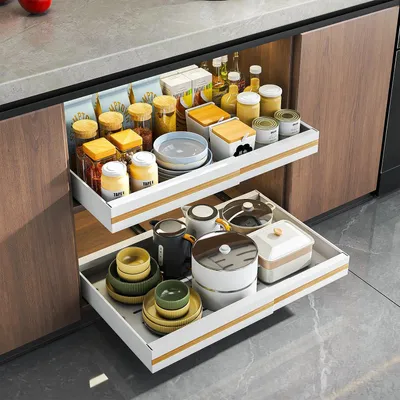 Image de Rangement pour placard de cuisine - Lot de 2 organiseurs de tiroirs coulissants - Réglables de 32 à 52 cm - Autocollants - Panier grillagé à 3 rails - Acier - Blanc