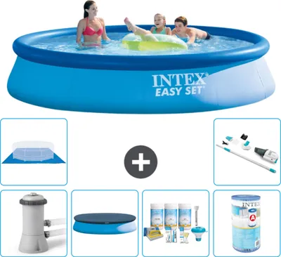Produktbild von Intex runder aufblasbarer Easy Set-Schwimmpool – 396 x 84 cm – Blau – inklusive Pumpe Abdeckung - Wartungspaket - Filter - Bodenplane - Staubsauger