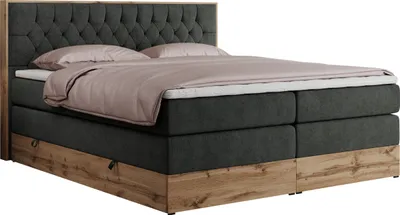 Produktbild von MKS MEBLE King Boxspringbett 180x200 mit Bettkasten Eiche, Polsterbett 180x200 mit Matratze H3, Bett 180x200 mit Kopfteil, Bett mit Holzrahmen in Wotan Eiche - Dunkelgrau Struktur - Amore King