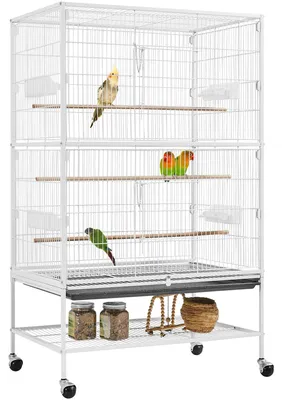 Productafbeelding van Vogelkooi met standaard, vogelkooi met 3 houten stokken en 4 voerbakken, kanarievogelkooi met 4 wielen, papegaaienvolière, wit