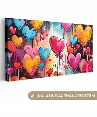 Produktbild von MuchoWow® - Leinwandbilder - Herzen - Farben - Kunst - Liebe, Wandbild, Wanddeko Bilder Wohnzimmer, 40x20cm