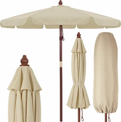 Produktbild von KINGSLEEVE® Holz Sonnenschirm 330 cm UV Schutz 80+ Schutzhülle Seilzug Groß Rund Stabil Windfest Marktschirm Gartenschirm Terrasse Balkon Beige