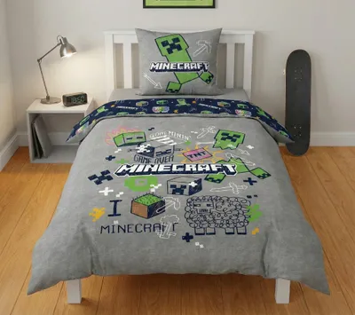 Produktbild von Minecraft Bettwäsche Creeper & TNT 135x200+80x80 – 100% Mikrofaser – Grau