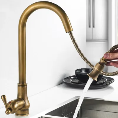 Produktbild von Antik Bronze Antik Messing Küchenarmatur, Kupfer Einloch weit verbreitete Mischbatterien mit herausziehbarem Sprüher
