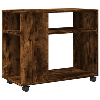 A wooden side table with wheels on a white background.