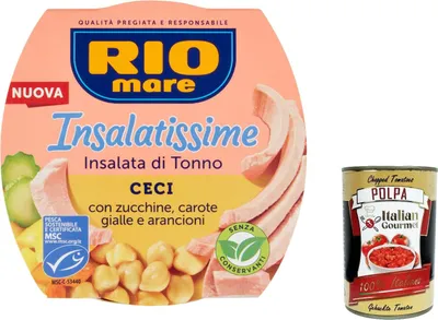 Produktbild von 6x Rio Mare Insalatissime Ceci Thunfischsalat Kichererbsen mit Zucchini und Karotten Fertiggerichte 160g + Italian Gourmet polpa 400g
