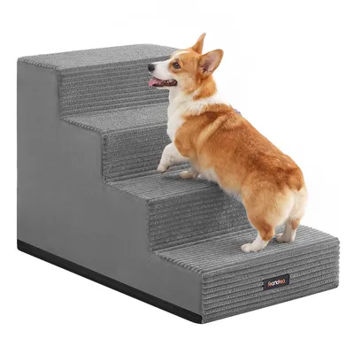 Produktbild von FEANDREA Hundetreppe für Kleine Hunde, 4 Stufen Waschbare Katzentreppe aus Schaumstoff für Sofa, 62 x 40 x 44 cm, Grau