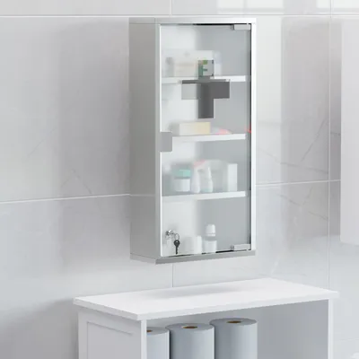 Image de Armoire à pharmacie, armoire de premiers secours avec serrure, en acier inoxydable, 30 x 12 x 60 cm,