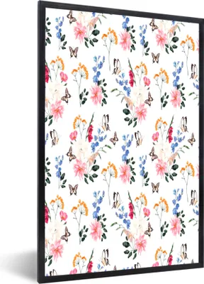 Produktbild von MuchoWow® MuchoWow® Gerahmtes Poster Blumen - Schmetterlinge - Collage 40x60 cm - Poster mit zchwarzem Bilderrahmen - Papierdruck - Wandbilder