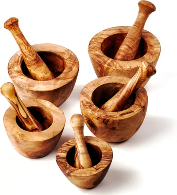 Produktbild von 5er Set Mörser und Stößel aus Olivenholz, glatter Rand, alle Größen
