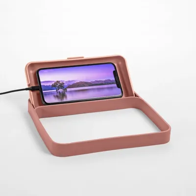 A pink lunchbox with a phone charging inside.