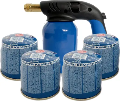 Image de Lampe a souder Coque Acier Allumage piezo + 4 Cartouches de gaz 190gr STOP GAZ Perçables KEMPER