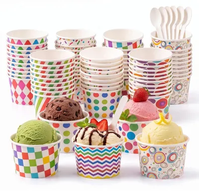 Imagen del producto de Juego de 100 vasos de papel para helado con cucharas, de 160 ml
