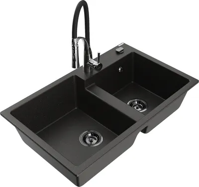 Produktbild von Mexen Tomas 2-Becken-Granitspüle mit Mischbatterie Aster, Schwarz/Gold metallisch - 6516-75-73450-07-B