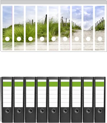 Produktbild von Wallario 9 Stück breite Ordner inkl. Klebeetiketten mit Motive Auf dem Weg zum Strand durch Dünen -  Set mit Rückenschildern / Ordnerrücken Stickern