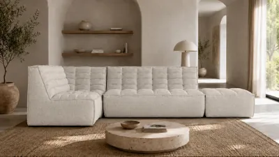 Produktbild von Kaiser Möbel Modulare Ecksofa L-Form mit Hocker, Plüschstoff Pop, Beige, Links, LAZY L mit Hocker