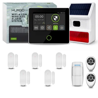 Image de Kit de système d'alarme HUXGO Wi-Fi + GSM 4G avec sirène solaire, 1 détecteur de mouvement et 5 capteurs de porte, HXA502 B