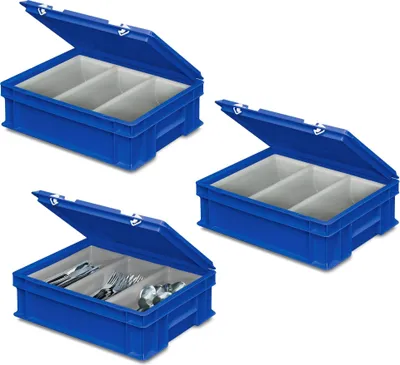 Produktbild von 3 Besteckkoffer / Sortierbehälter, 400 x 300 x 130 mm, blau, 3 Mulden je 2 Liter