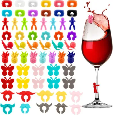 Immagine prodotto di Marcatori per bicchieri - Set da 60 - Marcatori in silicone - Ideali per bicchieri - Marcatori per bicchieri - Silicone - Riutilizzabili - Perfetti per bicchieri da vino