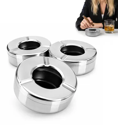 Produktbild von Aschenbecher aus Edelstahl mit Deckel - Windfester Außenaschenbecher - 3er Set