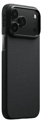A black iPhone case with a carbon fiber texture is shown from a diagonal angle.