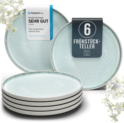 Produktbild von Steingut Frühstücksteller 6 Pers. Ibiza Hochwertiges Mediterranes Dessertteller Set - Kuchenteller spülmaschinen- und kratzfest - Kleine Teller
