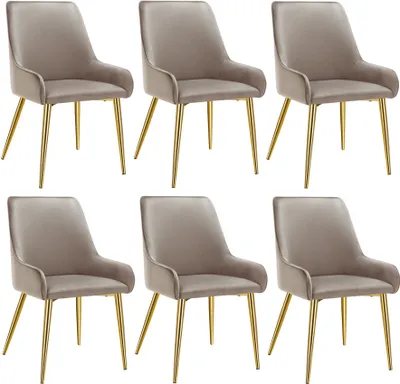 Six upholstered dining chairs with gold legs are arranged in two rows of three against a white background.