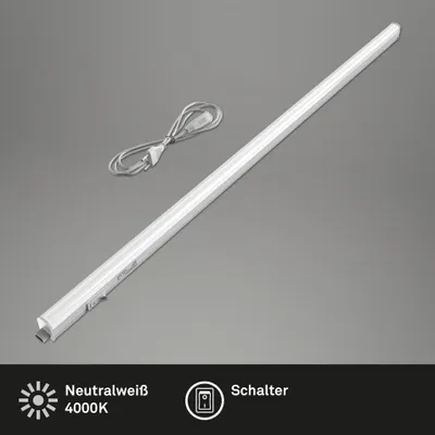 A white LED light bar and its power cord are displayed on a gray background.