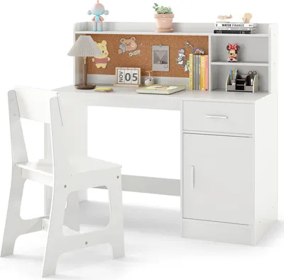 Immagine prodotto di Scrivania per bambini COSTWAY, scrivania per bambini in legno con sedia, scaffali, cassetti e armadietto, scrivania per bambini dai 3 anni in su, bianca