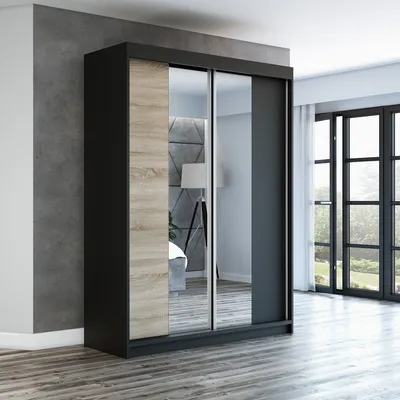 Productafbeelding van Schuifdeurkledingkast, 2 deuren, met spiegel! Moderne garderobe voor kleding. Verschillende kleuren (wit, zwart, sonoma). Kledingkast NEO, 160 cm