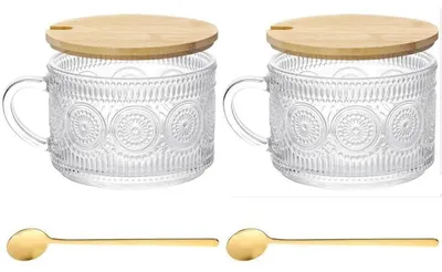 Produktbild von Kaffeegläser Set 2 Stück geprägt mit Deckel und Löffel 400ml für Müsli und Frühstück