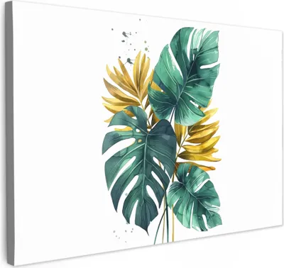 Produktbild von MuchoWow® - Leinwandbilder - Blätter - Monstera - Grün - Gold - Modern, Wandbild, Wanddeko Bilder Wohnzimmer, 60x40 cm