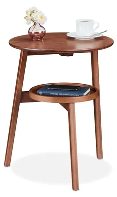 Image de Table d'appoint - 2 niveaux - 60x47x40 cm - Table basse ronde - Style rétro - Salon - Chambre - Bambou - Marron