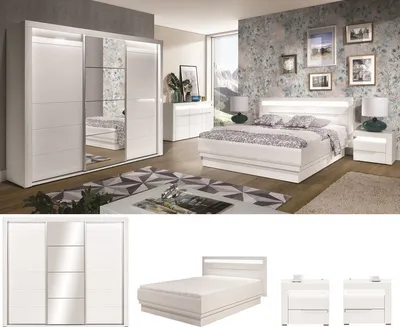 A bedroom set with a wardrobe, bed, and nightstands, presented in a collage format with individual product shots below.