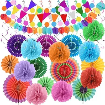 Produktbild von Famanu Papierpompons und Fächer für Festdekoration - 47-teiliges Set für Hochzeit, Geburtstag und Festivals