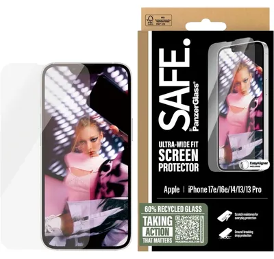 Obrázek produktu pro PanzerGlass SAFE. by ® Screen Protector iPhone 17e | 16e | 14 | 13 | 13 Pro | Ultra-Wide Fit w. EasyAligner, Apple, Apple - iPhone 13, Apple - iPhone 13 Pro, Apple - iPhone 14, Apple - iPhone 16e, Apple - iPhone 17e, Aplikace nasucho, Odolné proti poškrábání, Odolný proti nárazům, Průhledná, 1 kusů