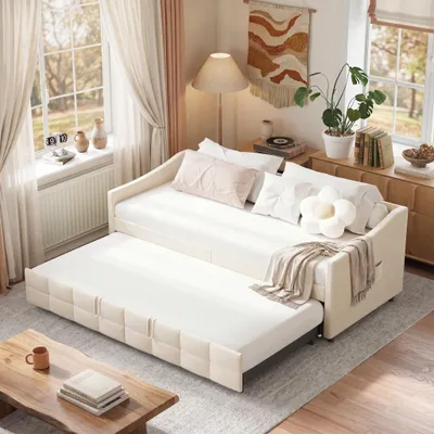 Obrázek produktu pro INONEFT, denní lůžko 90x200 cm / 180x200 cm, rozkládací lůžko, čalouněné lůžko z veluru, pohovka, dětská postel s roštem a opěrkami, barva: krémová