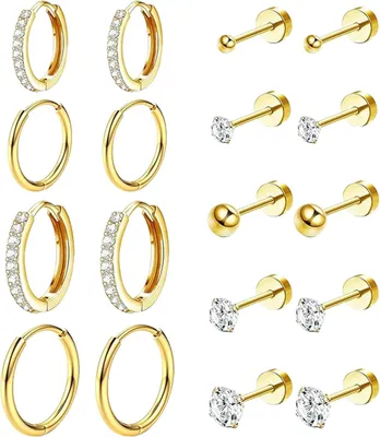 Imagen del producto de Pendientes de acero inoxidable, 9 pares, color dorado, para perforación de orejas