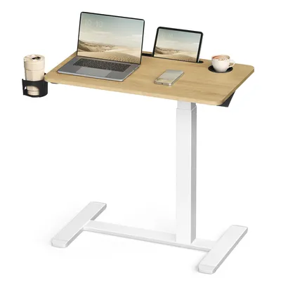 Produktbild von VASAGLE Stehtisch, Beistelltisch mit Rollen, 70 x 40 cm Tischplatte, verstellbar, 2 Getränkehalter, eichefarben